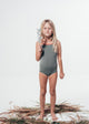 Ohoy swim kids swimsuit made from ecco friendly econyl regenerated plastic collected from the sea. Børne badedragt pink grøn